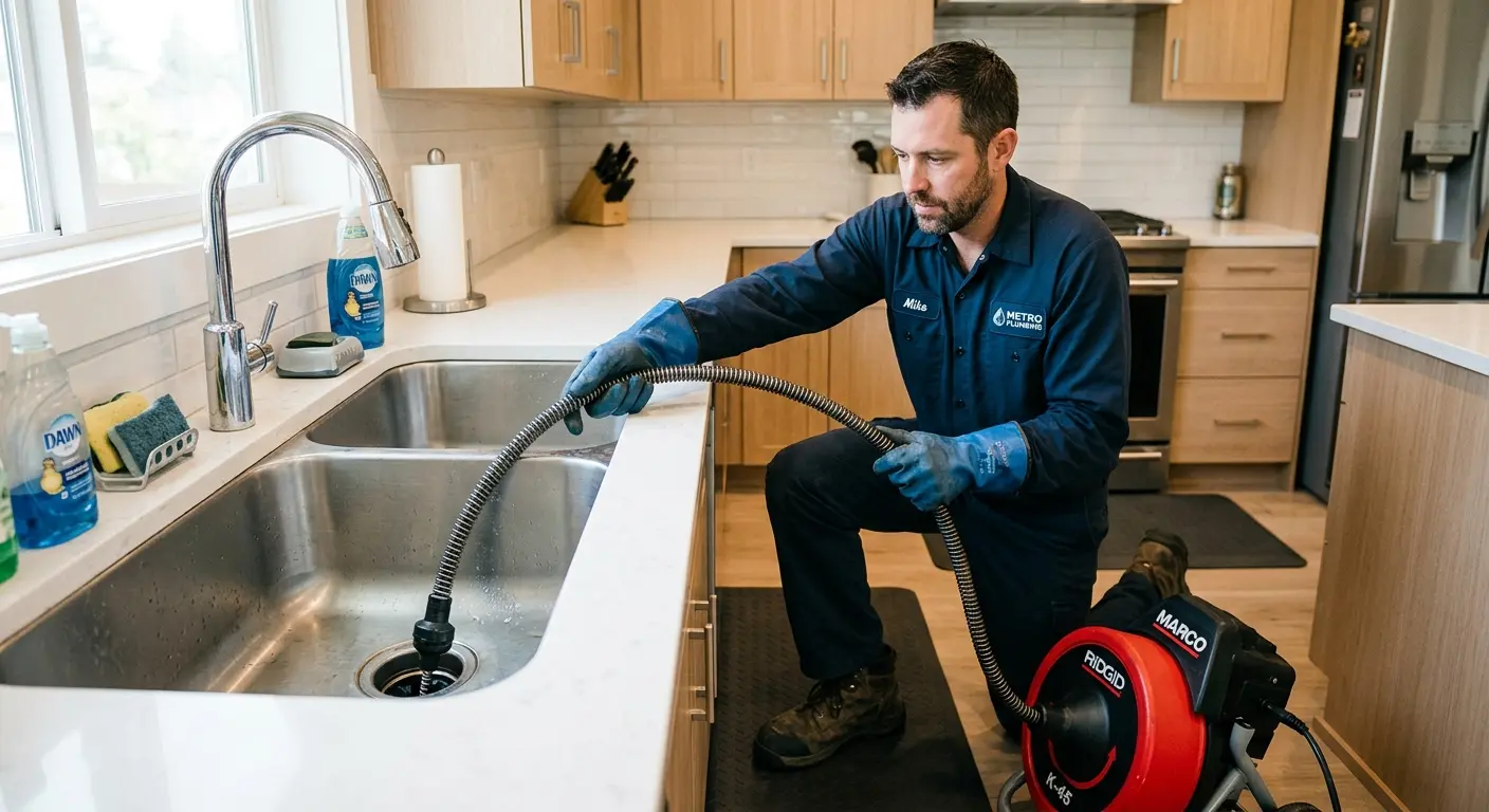 Drain cleaning technician using a motorized snake on a kitchen sink in Eaton Rapids