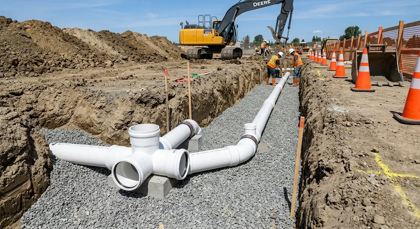 New PVC sewer pipe installation in open trench for Sewer Backup in Eaton Rapids