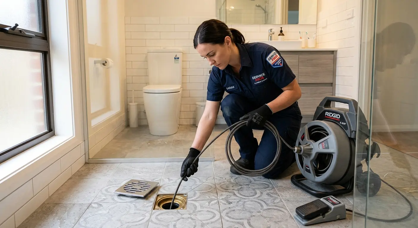Technician clearing a bathroom floor drain for Hydro Jetting in Eaton Rapids